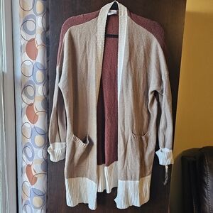 Brown and Cream Colorblock Open Front Cardigan